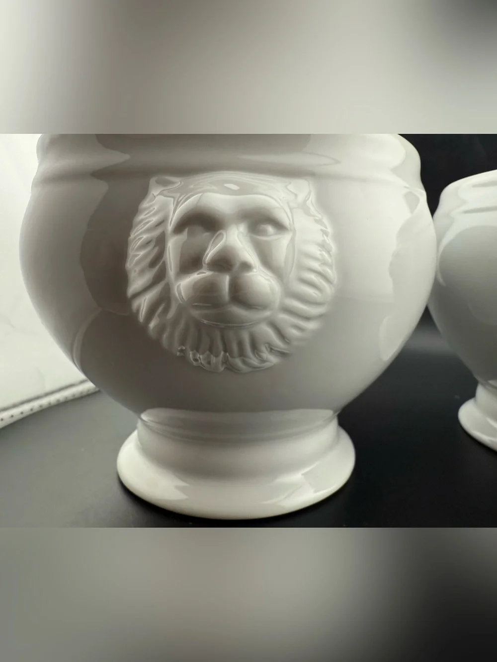 2 Sur La Table lion head handles soup bowls. Large. White porcelain. 38 oz